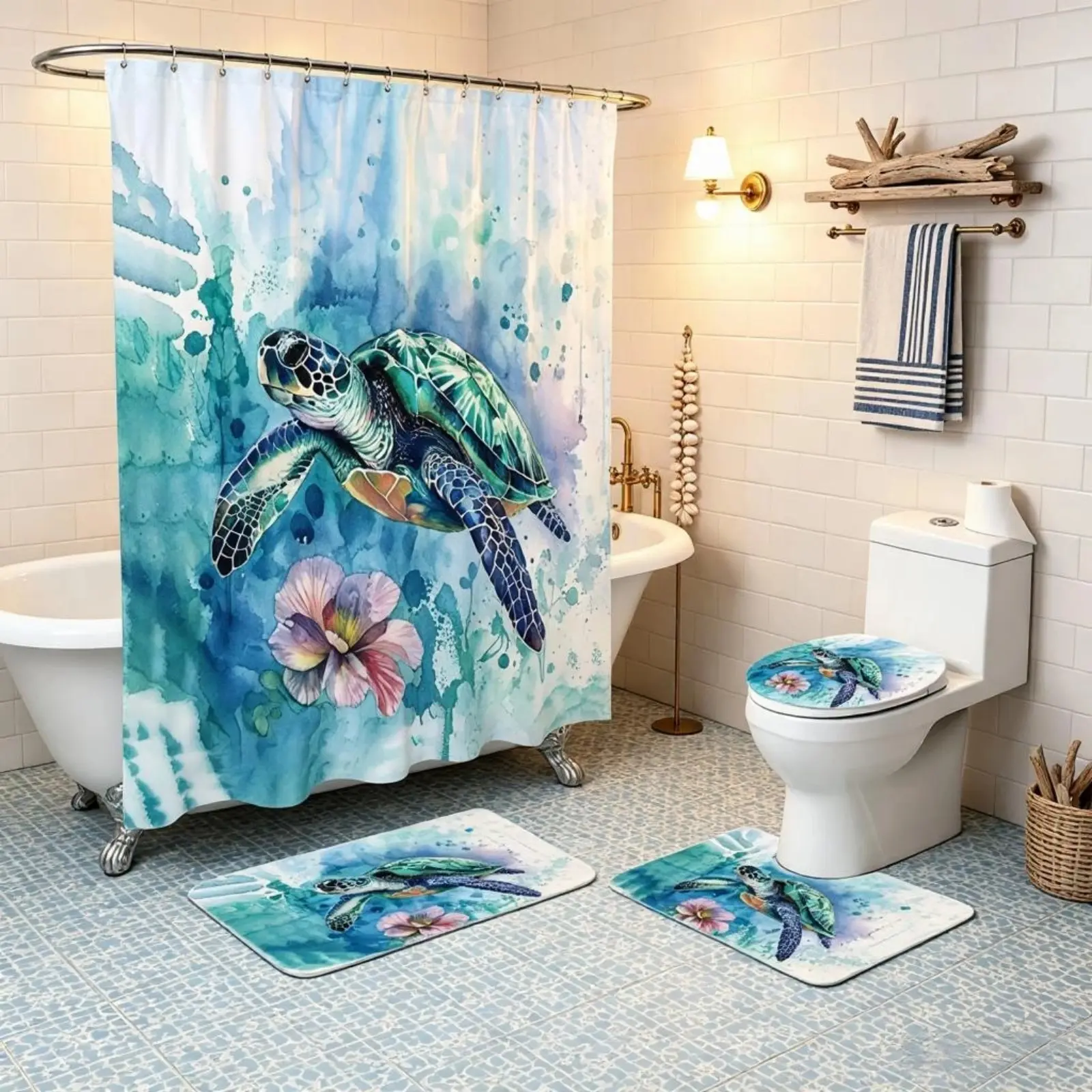 Watercolor Sea Turtle Hibiscus Ocean Beach 4-Piece Bathroom Set, Shower Curtain, Bath Mat, Toilet Lid Cover And U-Shaped Mat Included. Waterproof Anti-Mildew Bathroom Accessories, Coastal Nautical Bathroom Home Decor