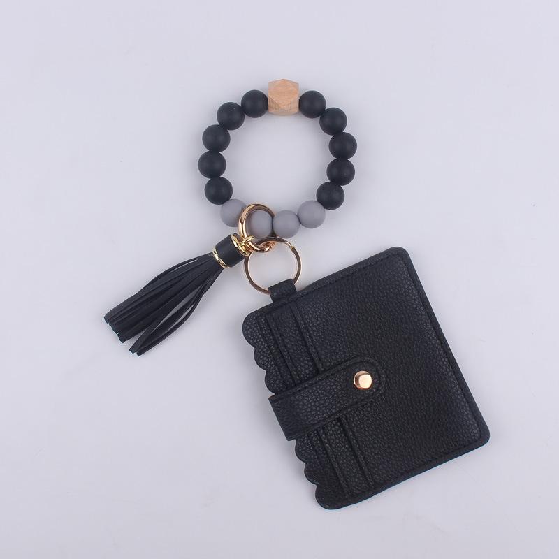 Silicone bead bracelet card holder accessories, silicone bead wristband, PU tassel women's wallet, leather tassel keychain