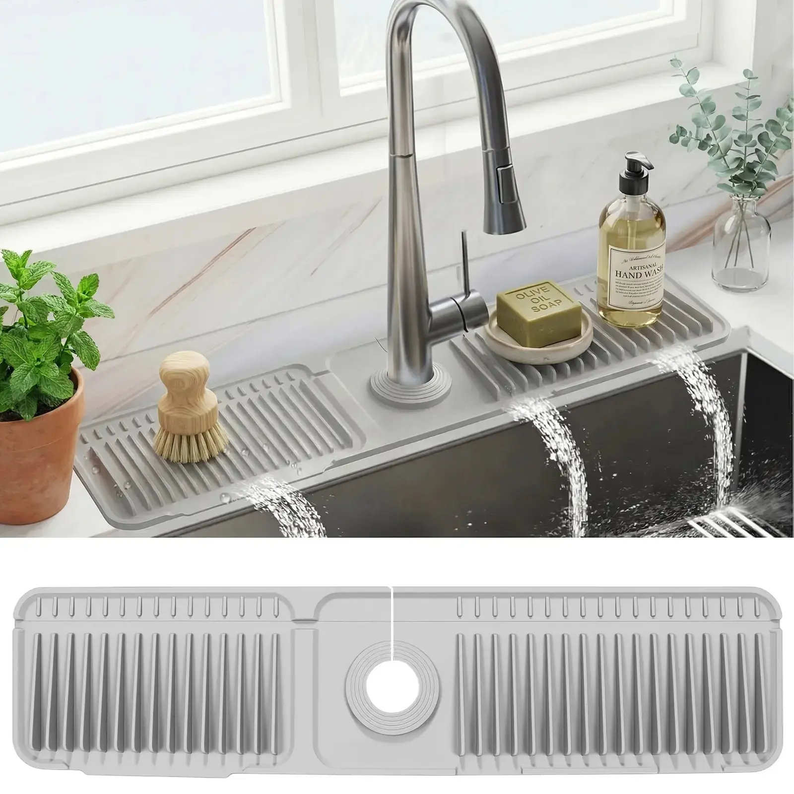 Kitchen Sink Faucet Mat, Silicone Folding Water Splash Guard, Draining Mat with Button Lock, Sink Faucet Protector, Sink Accessories for Kitchen