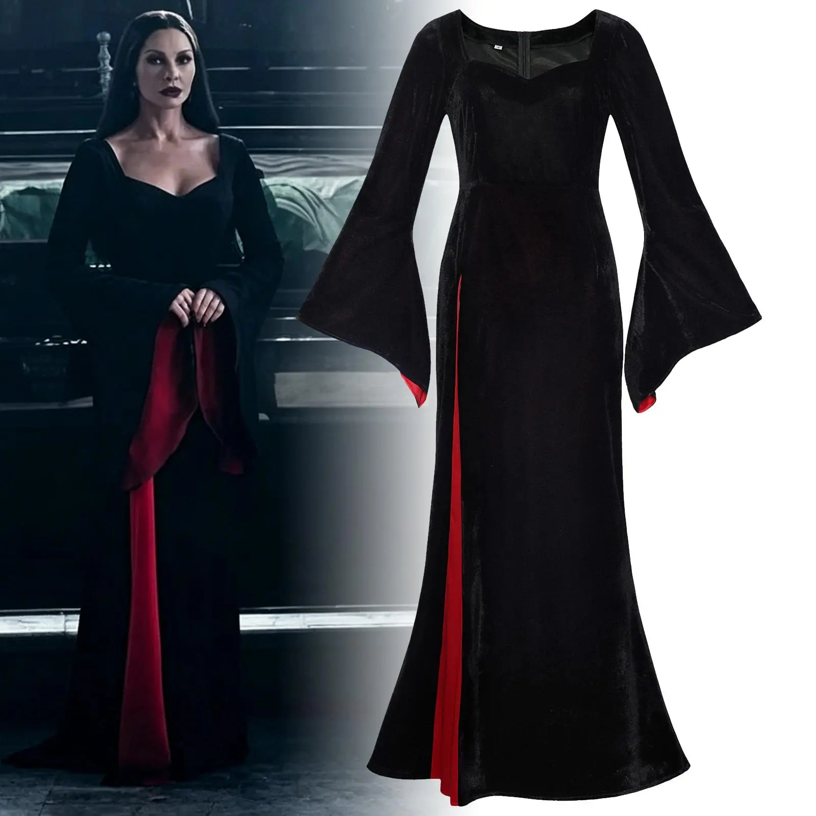 Morticia Addams Cosplay Costume Black Dress Halloween Party Outfit The Addams Family