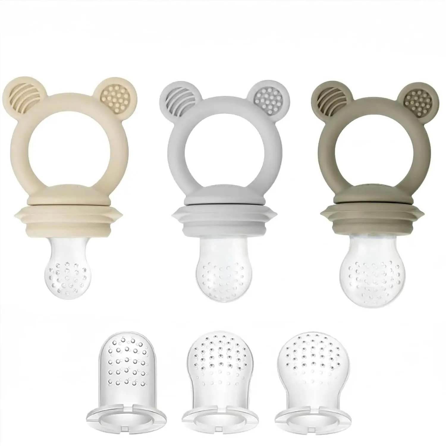 3 Pack Baby Fruit & Food Feeder Pacifier, Silicone Feeder Pacifier with 3 Sizes Pouches  Babies Toddlers Infants Kids, BPA-Free Food Grade Soft Safe (Tan/Grey/Brown)