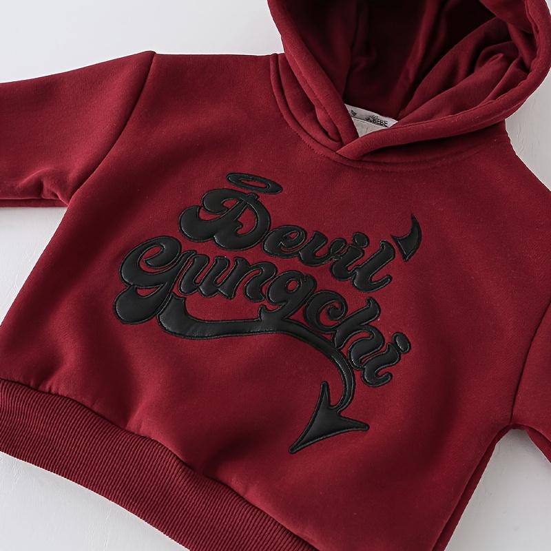 Boys Fleece Hoodie Red Devil Letter Pattern Winter Warmth Loose Casual Pullover Machine Washable Christmas Halloween 2025 New Stylish Design Durable Material Kids Hooded Sweatshirt