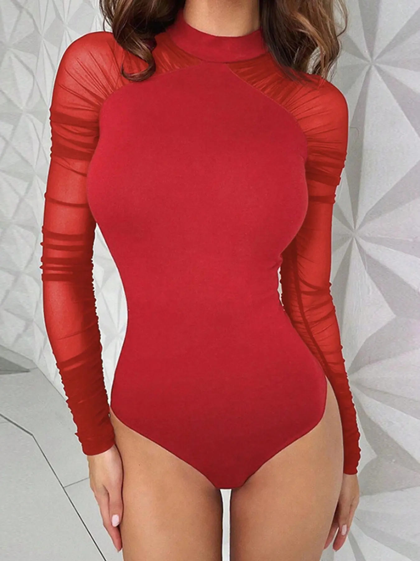 Women's High Neck Mesh Jumpsuit, Transparent Long Sleeve Slim Fit, Party, Street Style, Dance Performance, Daily Wear