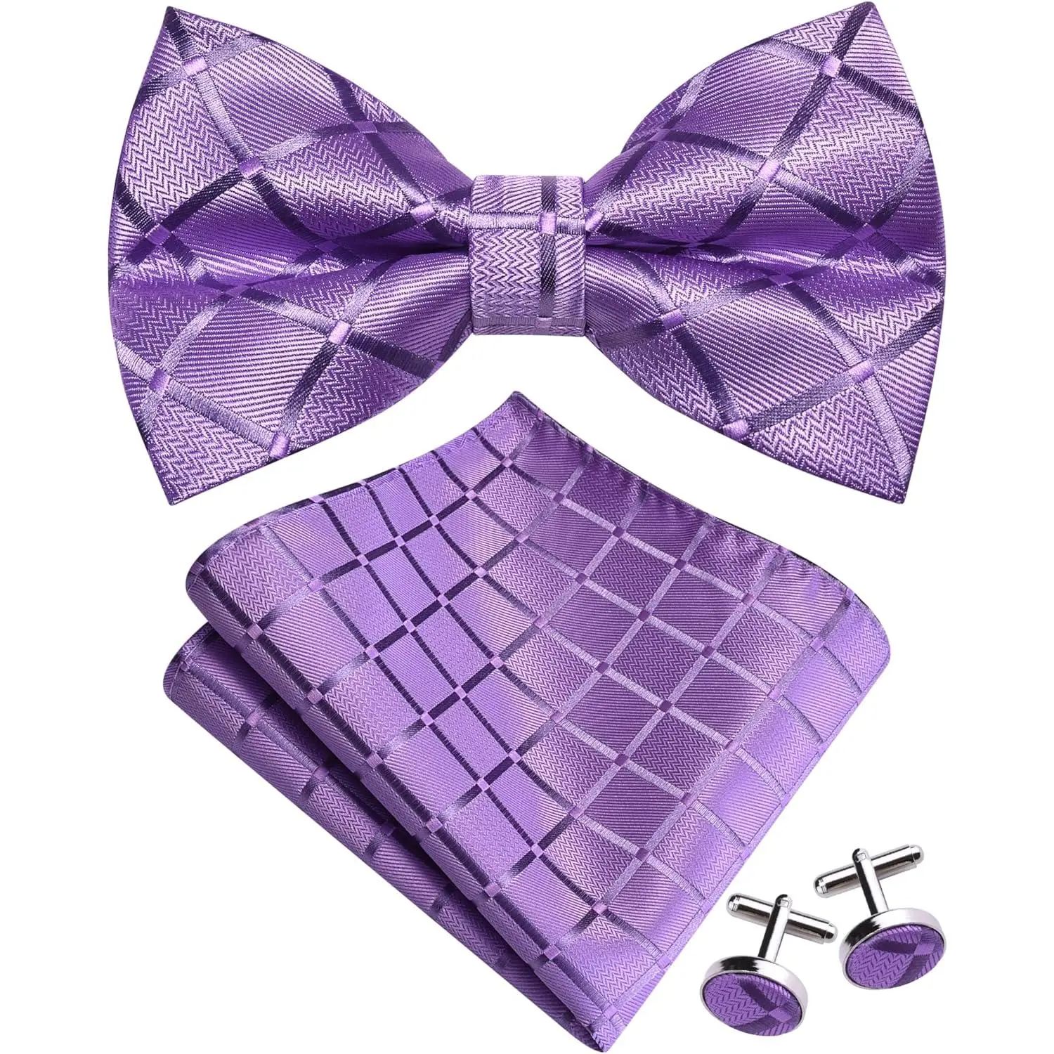 Plaid Light Purple Bow Tie Pocket Square Set for Wedding Pre-Tied Lavender Bowties Handkerchief Cufflinks for Men