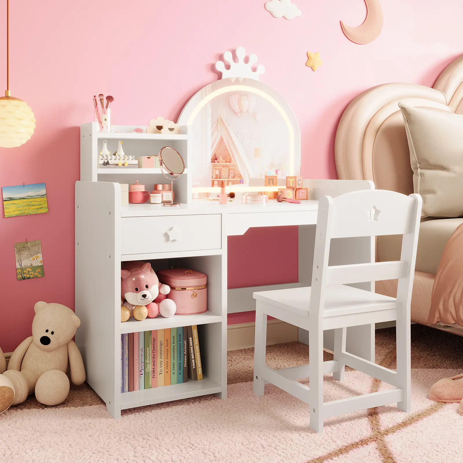 Flash sale home items LED Lighted Crown Mirror - Kids Vanity Set with 2-in-1 Wooden Princess Makeup Table & Chair - Open Bookshelf, Storage Cabinet & Multi-Layer Shelves - Girls Dressing Table for Bedroom or Playroom