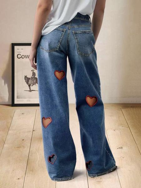 Women's Heart Pattern Denim Jeans, Denim Bottom, Loose-Fit Casual Style, All-Season Wearable, Perfect for Dating & Daily