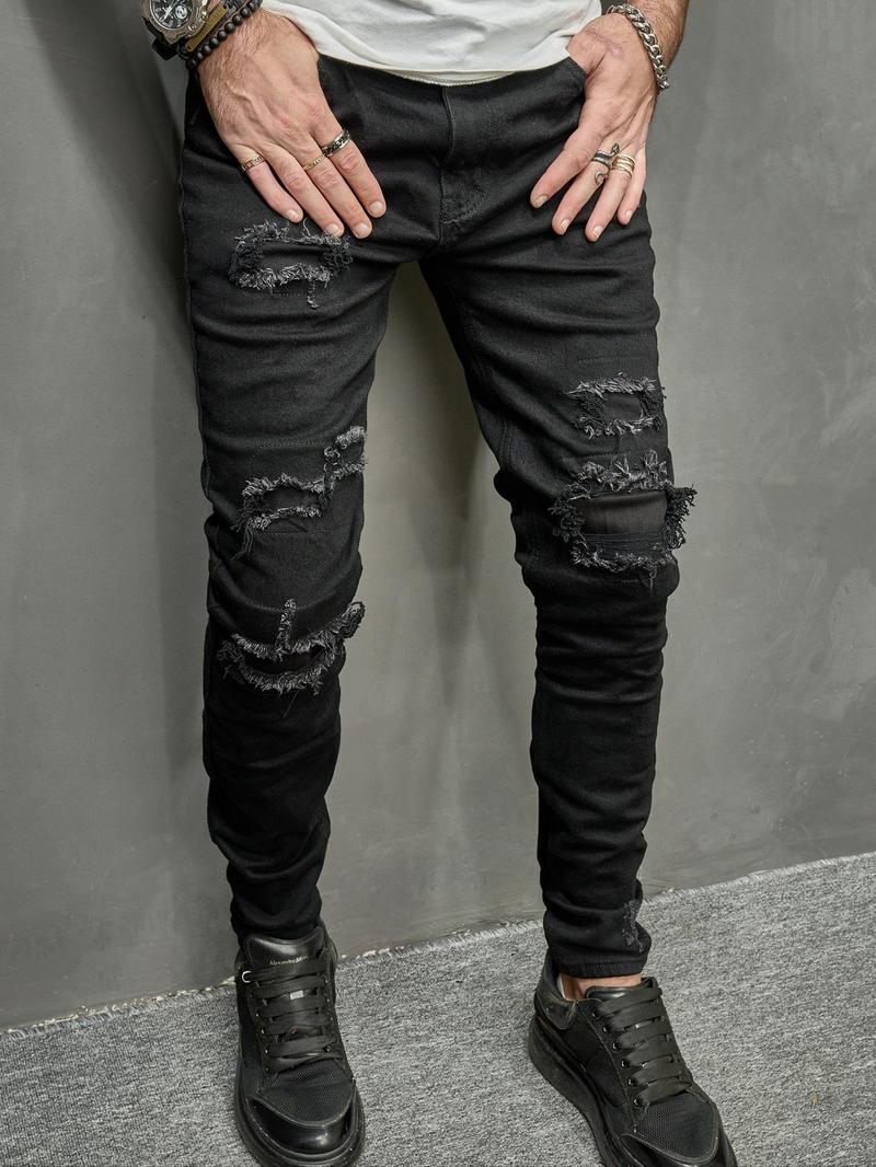 Men's Solid Color Ripped Skinny Jeans, Casual Comfy Denim Pants for Daily Wear, Fashion Men's Bottoms for All Seasons, Cotton