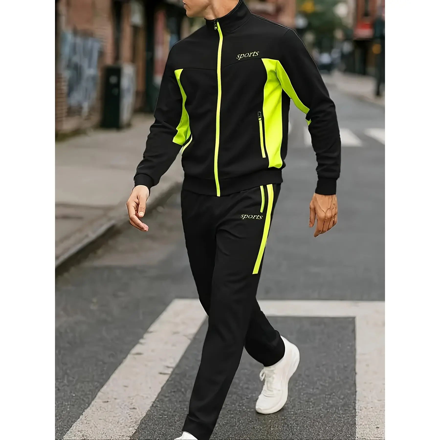 Men's 2-Piece Streetwear Tracksuit Set, Color Block Activewear with Printed Stripes, Full Zip Jacket and Jogger Pants for Gym, Male