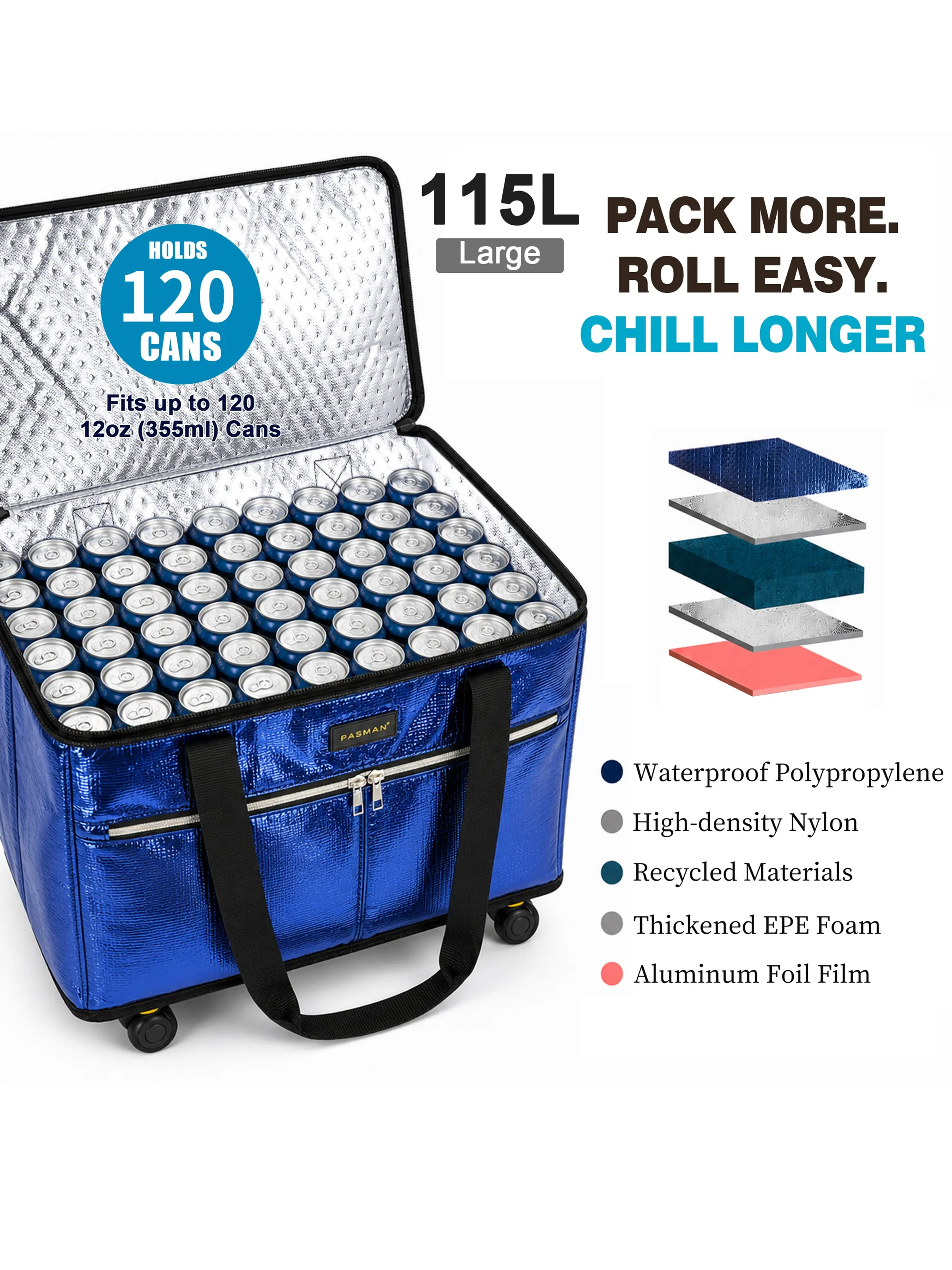 Reusable Insulated Shopping Bag with Wheels, Detachable 5-Wheel Design, Dual-Layer Cooler Bag for Food Storage and Market Use