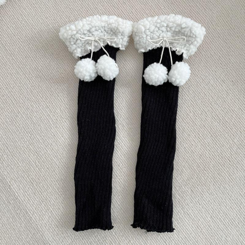 JK Leg Heaters Knitted Lamb Plush Ball Sock Lolita Thickened Winter Warm Socks Foot Cover Woolen Ball Stocking Women Leg Warmers