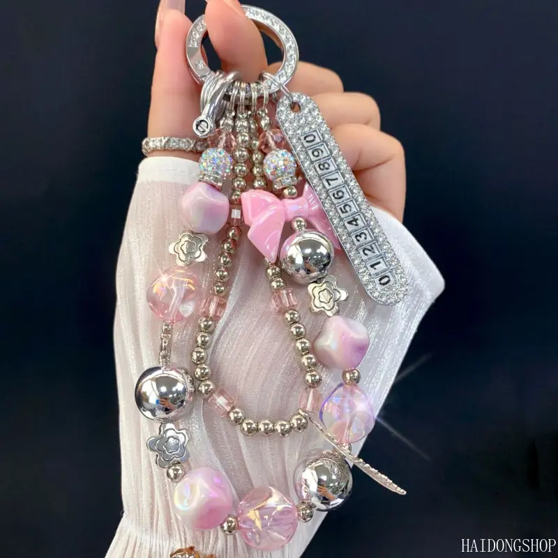 Coquette Luxury Viral Glossy Electroplated Beaded Dual Chain Phone Wrist Lanyard For Women, Multi-use Key Upright Bag Charm, Y2K Glam Accessory For Daily Travel Shopping Styling