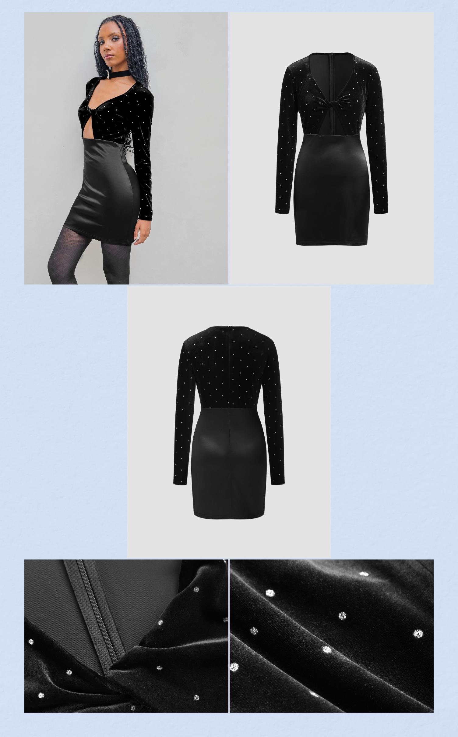 Cider [size 0-10] Velvet V-neck Solid Rhinestone Cut Out Mini Dress