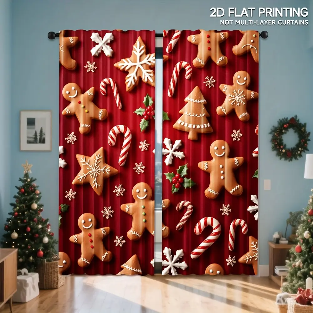 2-piece set, curtains, Christmas gingerbread print curtains, for home living room, suitable for bedroom and living room, festive home office, Christmas decoration, bathroom decoration, multi-functional, semi-transparent, Christmas gift, rod-style privacy