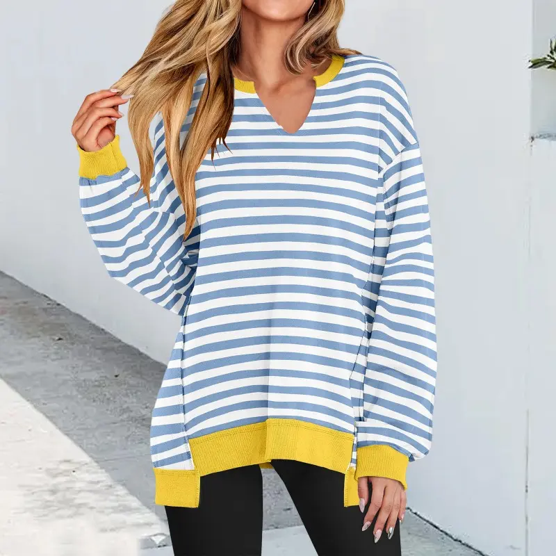 Women's Striped V Neck Long Sleeve Top, Oversized Casual Tunic Shirt, Color Block Split Hem Pullover Sweatshirt, Loose Fit Y2K Trendy Fall Outfit