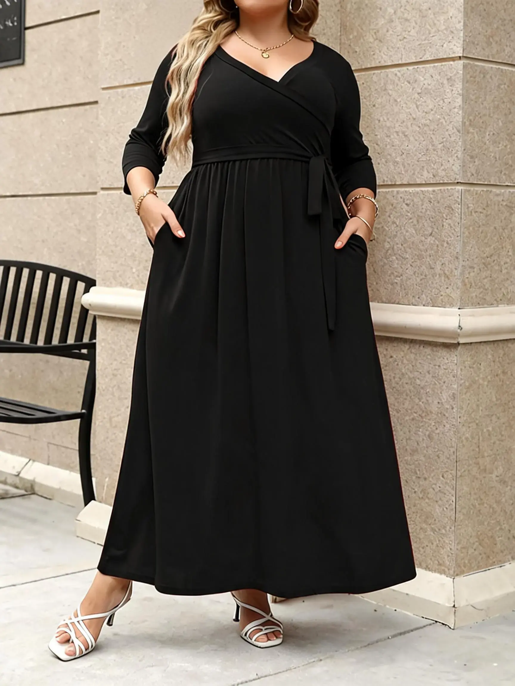 Women's V Neck Stretchy Casual Long Plus Size Dress, Perfect for Bridesmaids, Vintage Style Wedding Attire & Party Wear, Comfortable All-Day Breathable Fabric, Womenswear