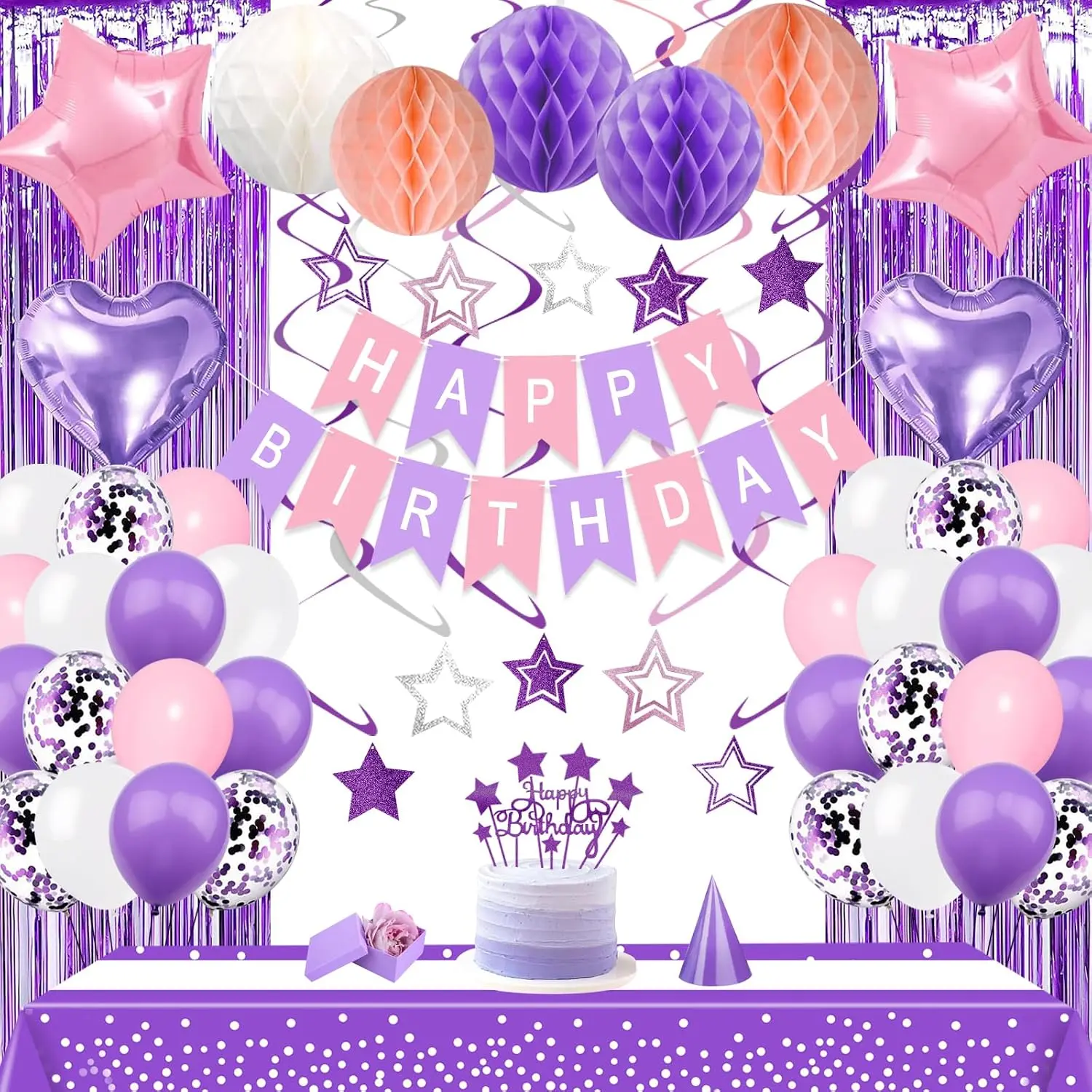 Birthday Party Decorations Supplies Lavender Happy Birthday Banner  Balls Fringe Curtain Foil Balloons  Swirls Cake Topper Tablecloth Party Supplies for Women Girls