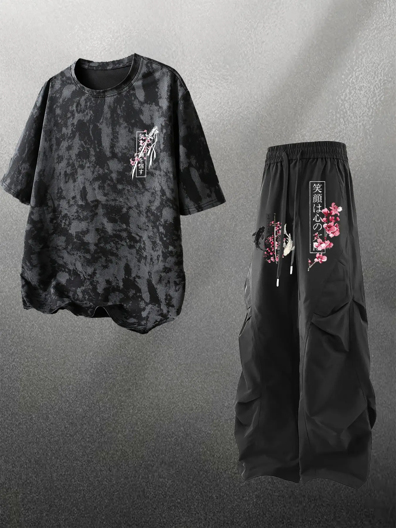 Japanese Cherry Blossom Print Tie-Dye Short Sleeve Tee + Wide Leg Work Pants, High Street Fashion Loose Fit Casual Long Pants Clothes