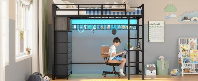 Sikaic Twin Size LED Loft Bed Frame with Desk and 8 Drawers Grey Safety Guardrail Effective Space Saving