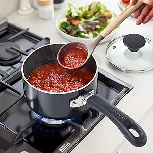 Home Nonstick Sauce Pan with Glass Lid 2-Qt, Multi-purpose Pot Saucepan Kitchenware, Black, Aluminum