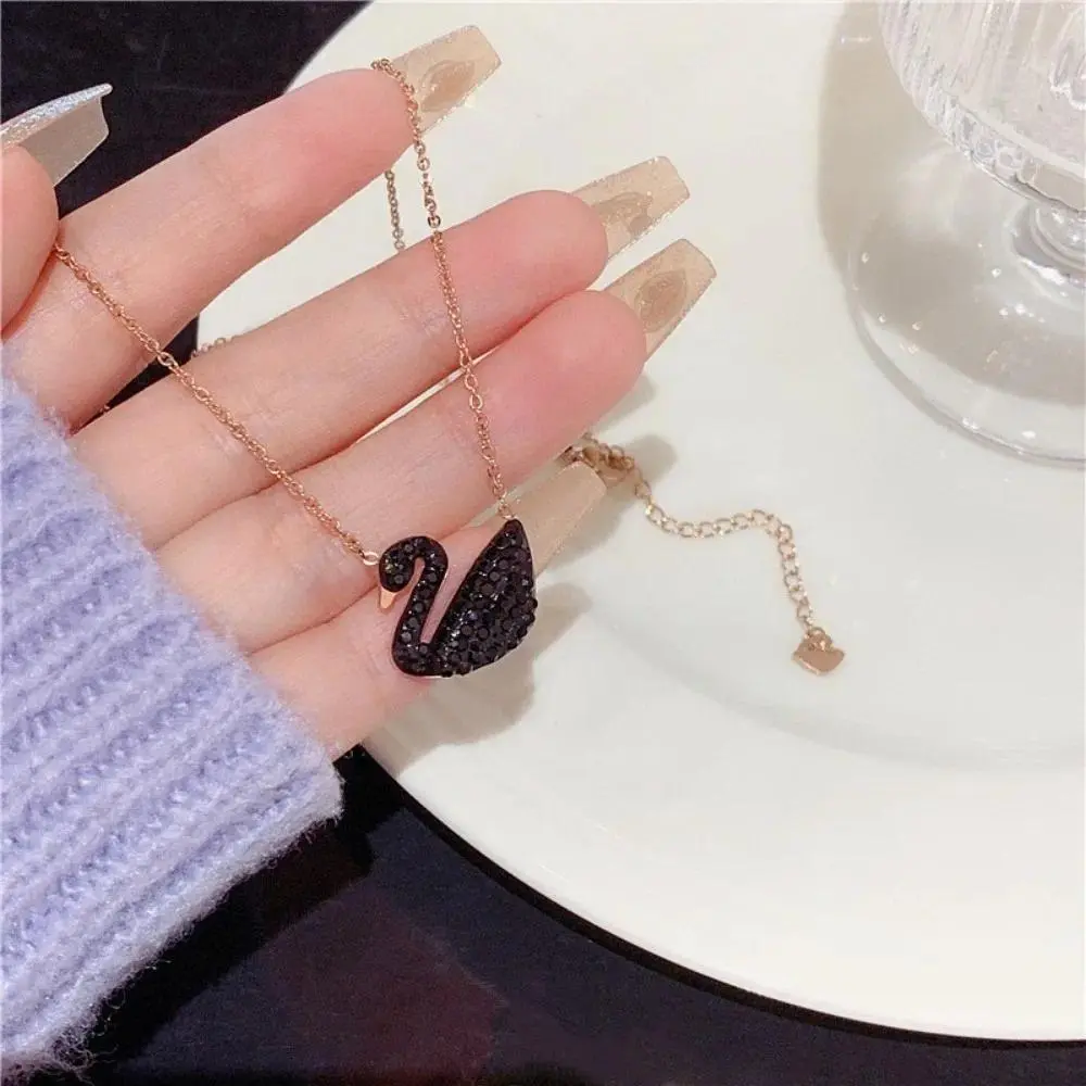 Classic Swan Pendant Necklace, Black White Red Full Paved Cubic Zirconia Gold Plated Dainty Choker Necklace For Women