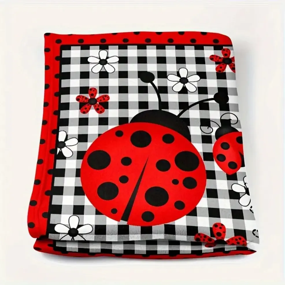 Cozy Cute Ladybug Print Flannel Throw Blanket, Baby Blankets and Adult Blankets, Ultra Soft Warm Multi Versatile All Season Cover, Multi-Size Portable Bedding For Sofa, Office Bed, Outdoor Camping & Road Travel, Lovely Garden Insect Home Decor Throw, Idea