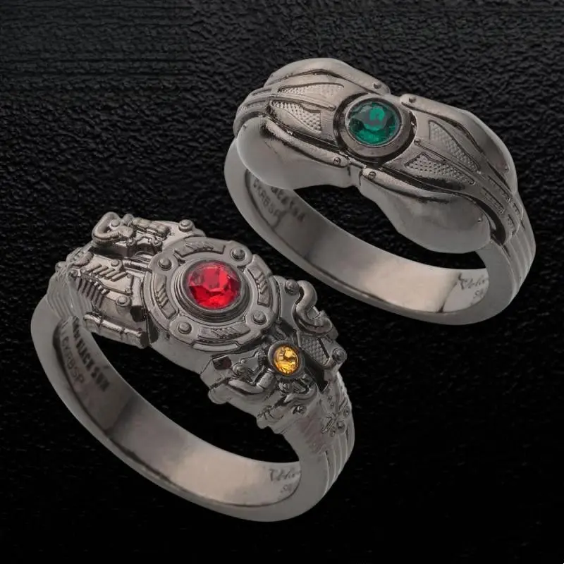 Black Gunmetal Steampunk Mechanical Ring 3D Gear Engine Carved Ring Red Yellow Zircon Punk Statement Ring Dark Gothic Machinery Jewelry for Men