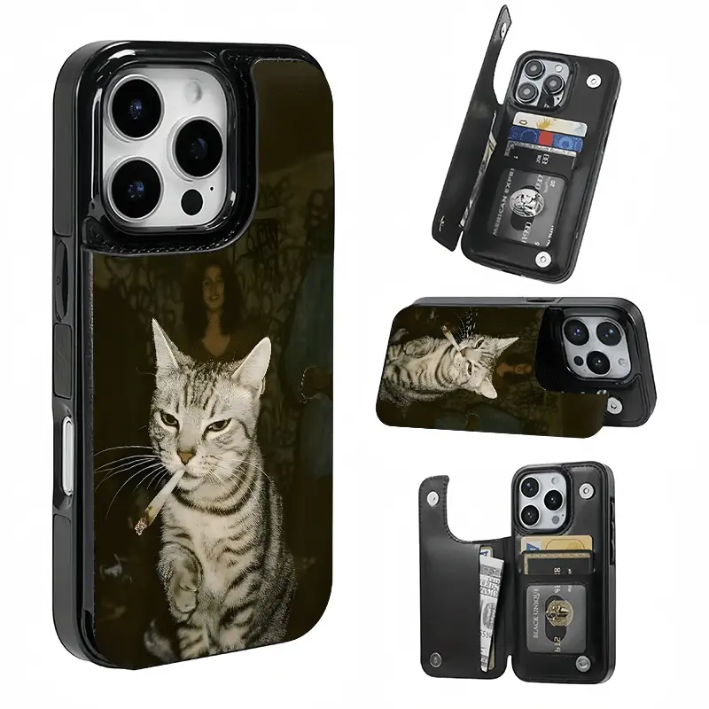 Dark Weird Smoking Cat Card Holder Phone Case, This phone case features a card slot function, can store bank cards, transit cards and other cards, suitable for iPhone 17/16/15/14/13/12, and makes a great gift for girls.