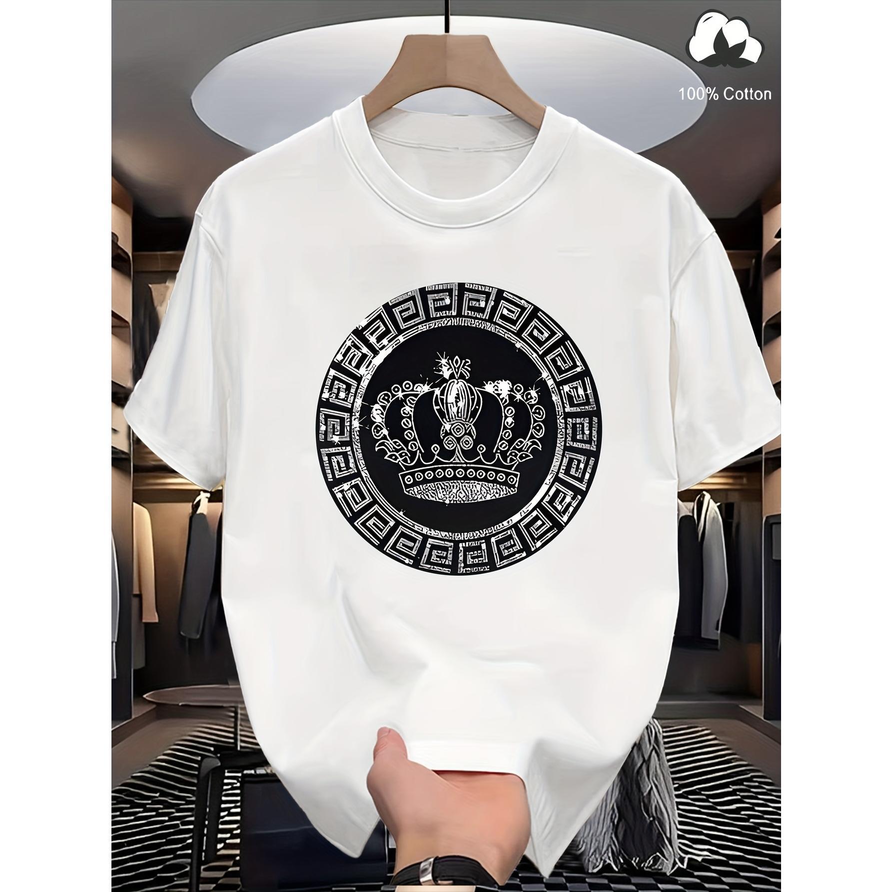 Plus Size Men's Fashion Black and White Decorative Crown Print Pattern T-Shirt, Vintage Elegant Luxury Crown Pattern, Plus Size Men's Street Fashion Clothing