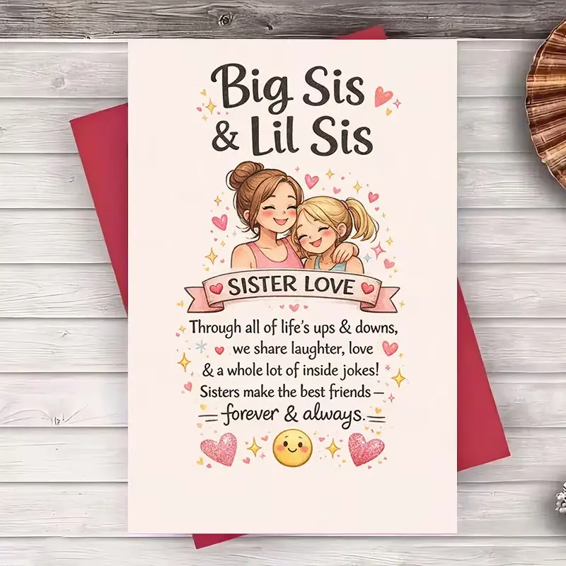 1pc Big Sis & Lil Sis Greeting Card Cute Sister Hug Illustration Heartwarming Sister Birthday Card for Big Sister Little Sister Birthday Celebration Encouragement Support Gift Blank Inside With Envelope