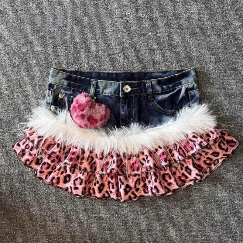 Pink Leopard Design Vintage Denim Mini Skirt Hot Girls Y2k Patchwork Print Babe Outfits High Steet Casual Skirts 2000s Clothing