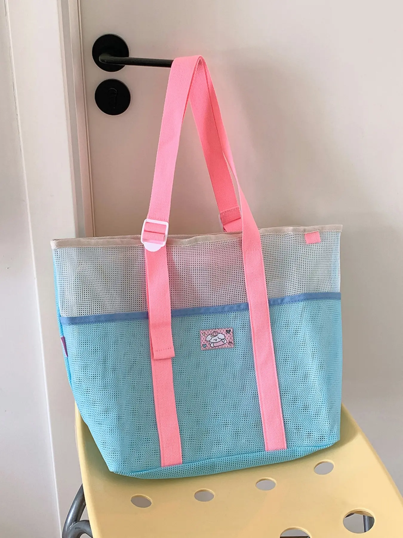 Summer High-Style Makeup Bag, Patchwork Handheld Mesh Bag, Outdoor Swimming Wash Kit, Beach Bag, Large Capacity Supermarket Shopping Bag