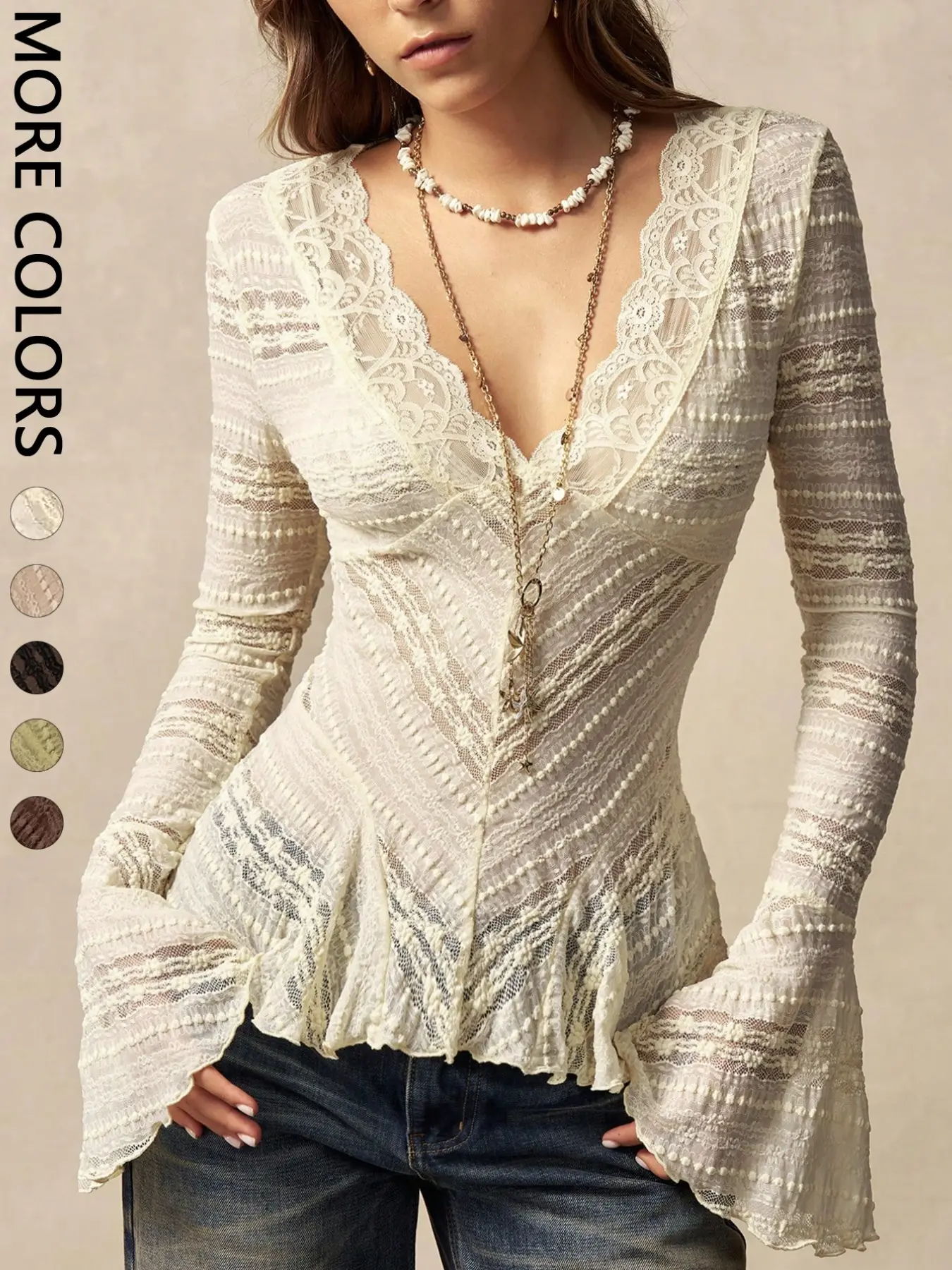Women's Wave Lace Trim V-Neck Shirt, Long Flared Sleeve Sheer Texture Ruffle Dress Top, Boho Vintage Elegant Layering Blouse, Ruffled, Perfect for Dates, Brunch, Streetwear, Vacation