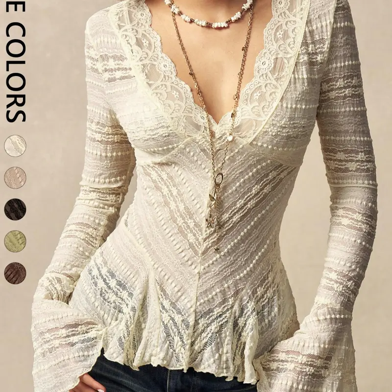 Women's Wave Lace Trim V-Neck Shirt, Long Flared Sleeve Sheer Texture Ruffle Dress Top, Boho Vintage Elegant Layering Blouse, Perfect for Dates, Brunch, Streetwear, Vacation, Casual