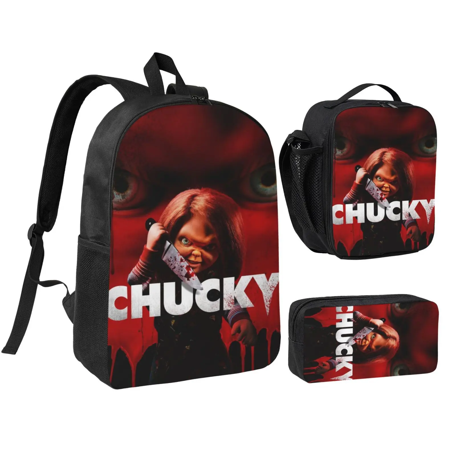 Unisex Anime Chucky Theme 3-Piece School Set - Polyester Waterproof Backpack, Lunch Bag, Pencil Box for Teen Kids with Adjustable Straps, Multi-Use Bookbag for Office Travel
