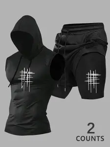 Men's Outdoor Sport Set, Hooded Sleeveless Vest + Casual Waist Drawstring Shorts, Comfortable Breathable Fabric, 2 Pieces