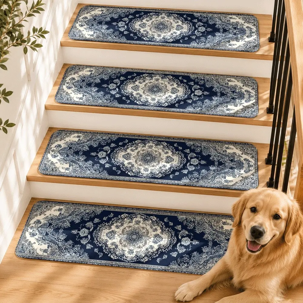 15pcs Vintage Persian Stair Treads,  Washable Stair Mats for Wooden Steps, Soft Diatom Mud Surface, Natural Rubber Backing, Pet Friendly, Protect Hardwood Stairs, Elegant Home Decor