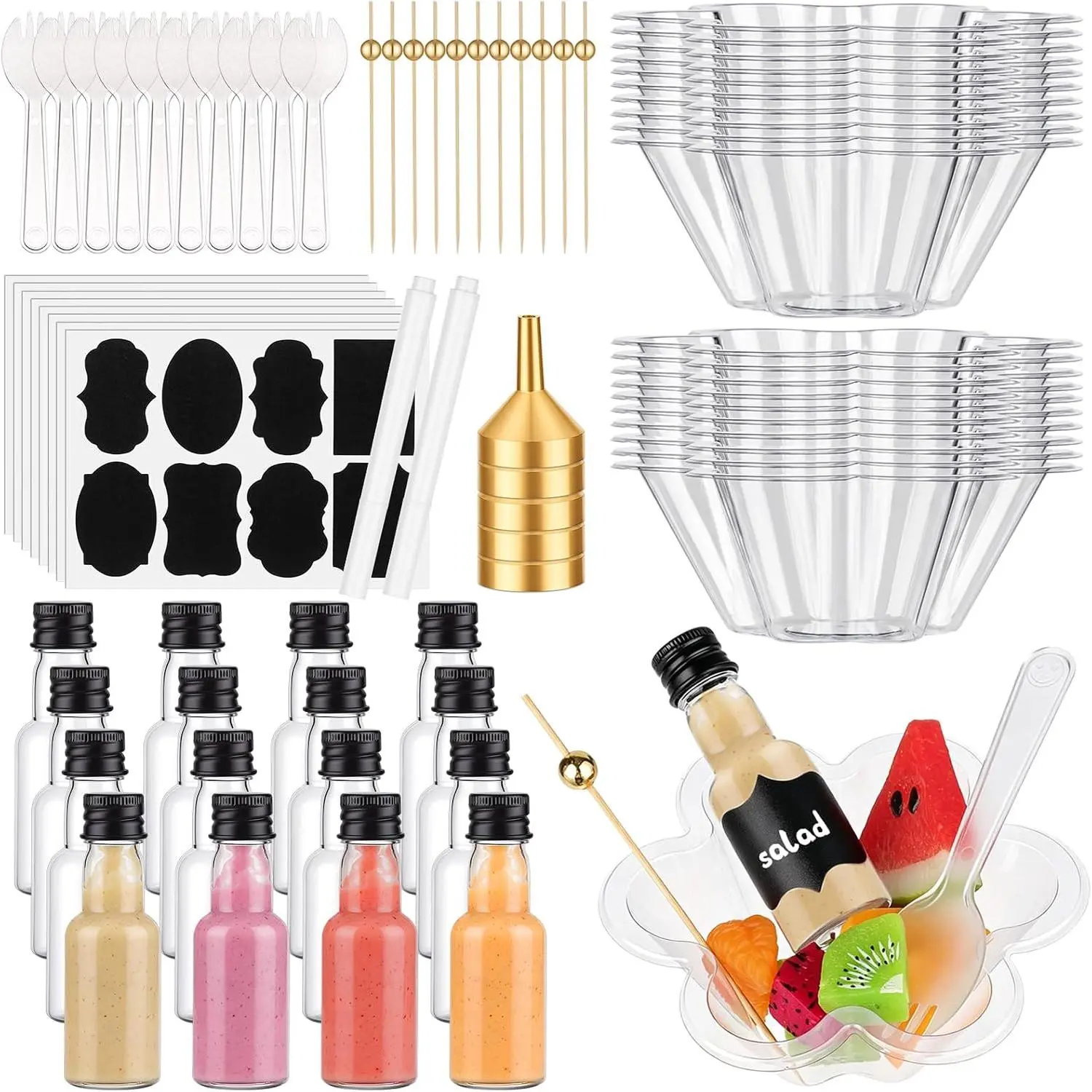 50 Sets Salad Appetizer Cups Charcuterie Cups with Mini Dressing Bottles Spoons  Picks Funnels Chalkboard Labels Marker Pens for Wedding Birthday Party  Serving