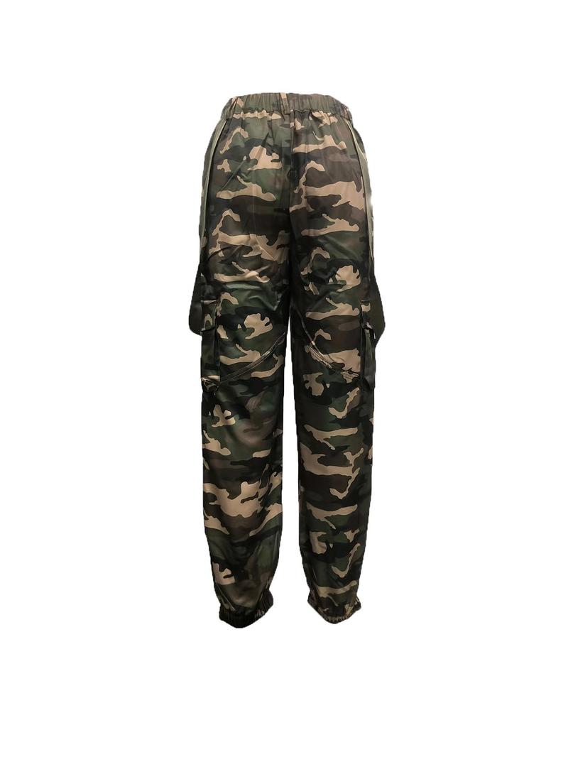 Women's Print Flap Pocket Cargo Pants, Casual Chic Trousers, Casual Streetwear Button Trousers for Daily Wear, Ladies Bottoms for All Seasons