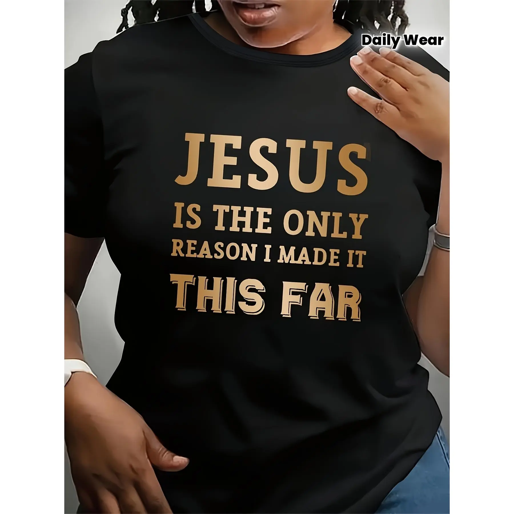 Women'S Large Round Neck T-Shirt with Jesus Is the Only Reason I've Come This Far Print Casual Apparel Comfortable Wear Suitable for Church Daily Outfits & Religious Gifts loose and comfortable fashion design breathable Women's short-sleeved shirt