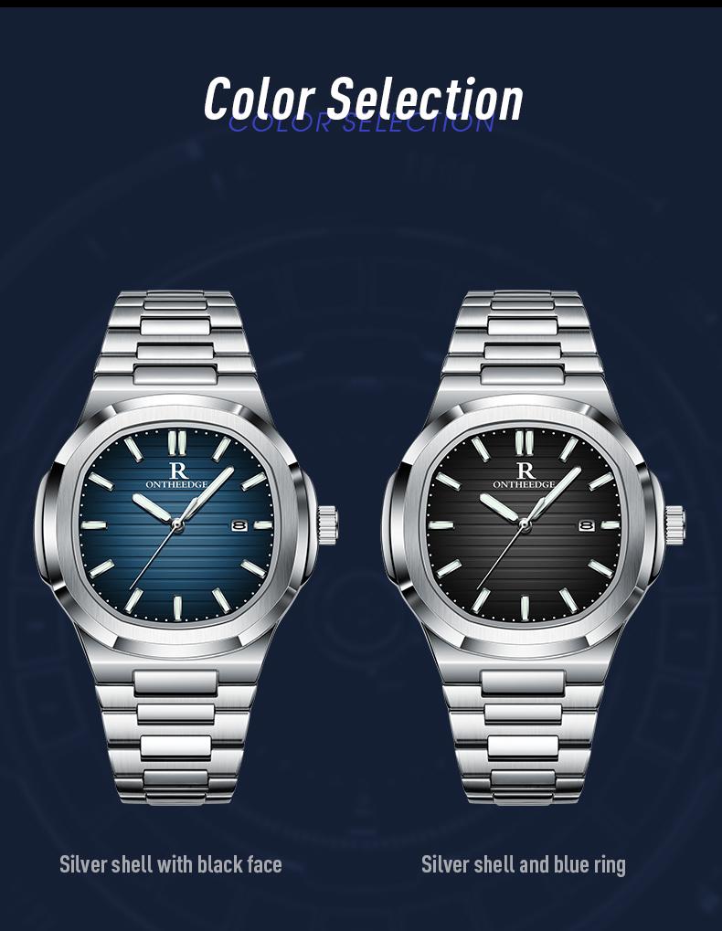 Men's Luxury Square Blue Dial Quartz Watch - Stainless Steel Wristwatch with Date, Luminous Hands, Waterproof, Classic Business Casual Dress Watch, Perfect Gift for Husband Dad