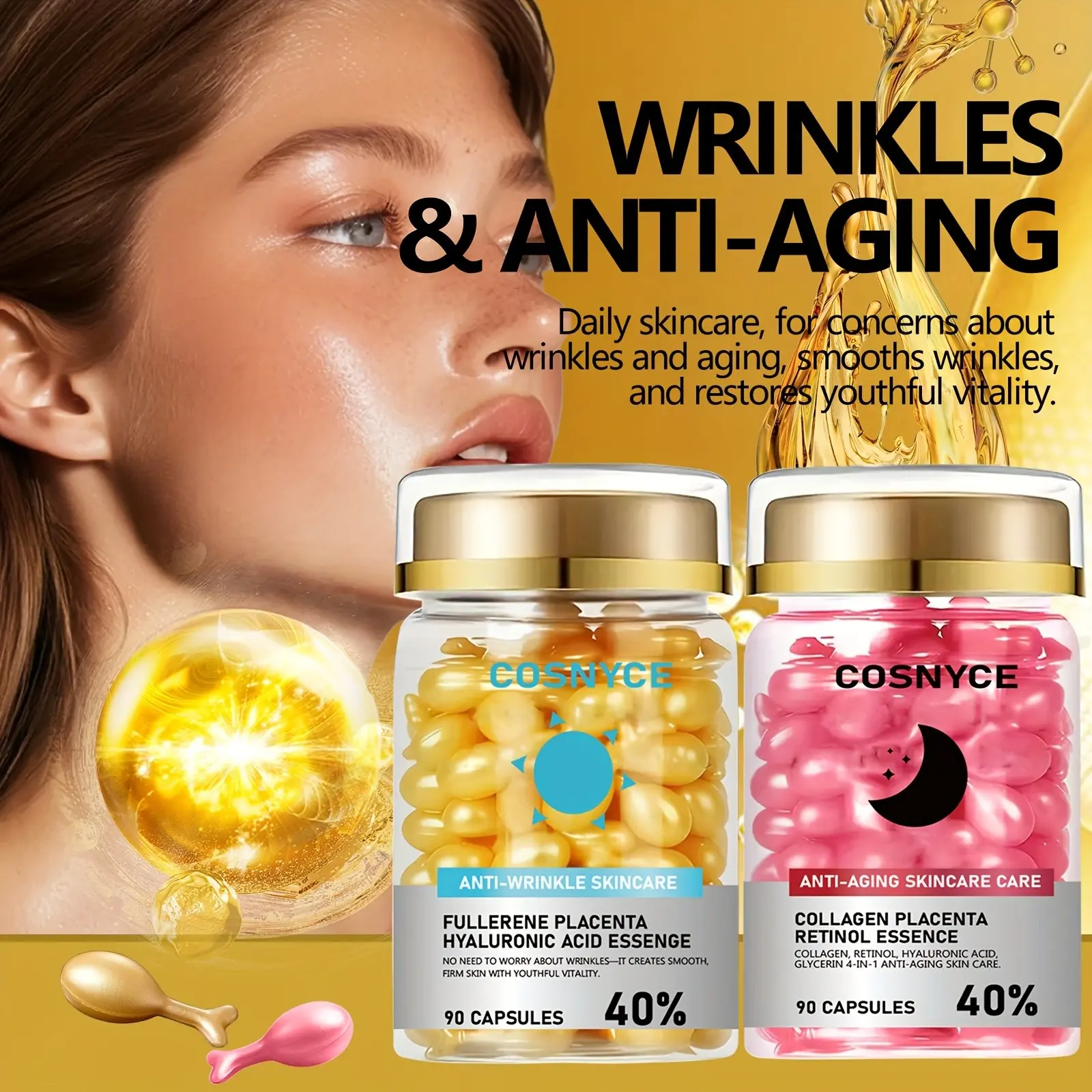 180 Capsules Night & Day Essence, Serums, Moisturizing, Brightening, Smooth, Fast-Acting, Gel Capsule, Suitable for All Skin Types, Unisex, Easy Absorption