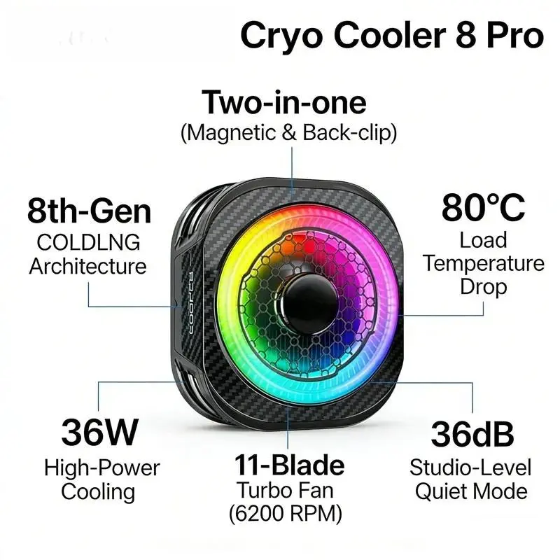 2026 Cryo Cooler 8 Pro 8th-Gen COLDLNG Architecture AI-Powered Smart Cooling 80°C Load Temperature Drop Phone Cooler