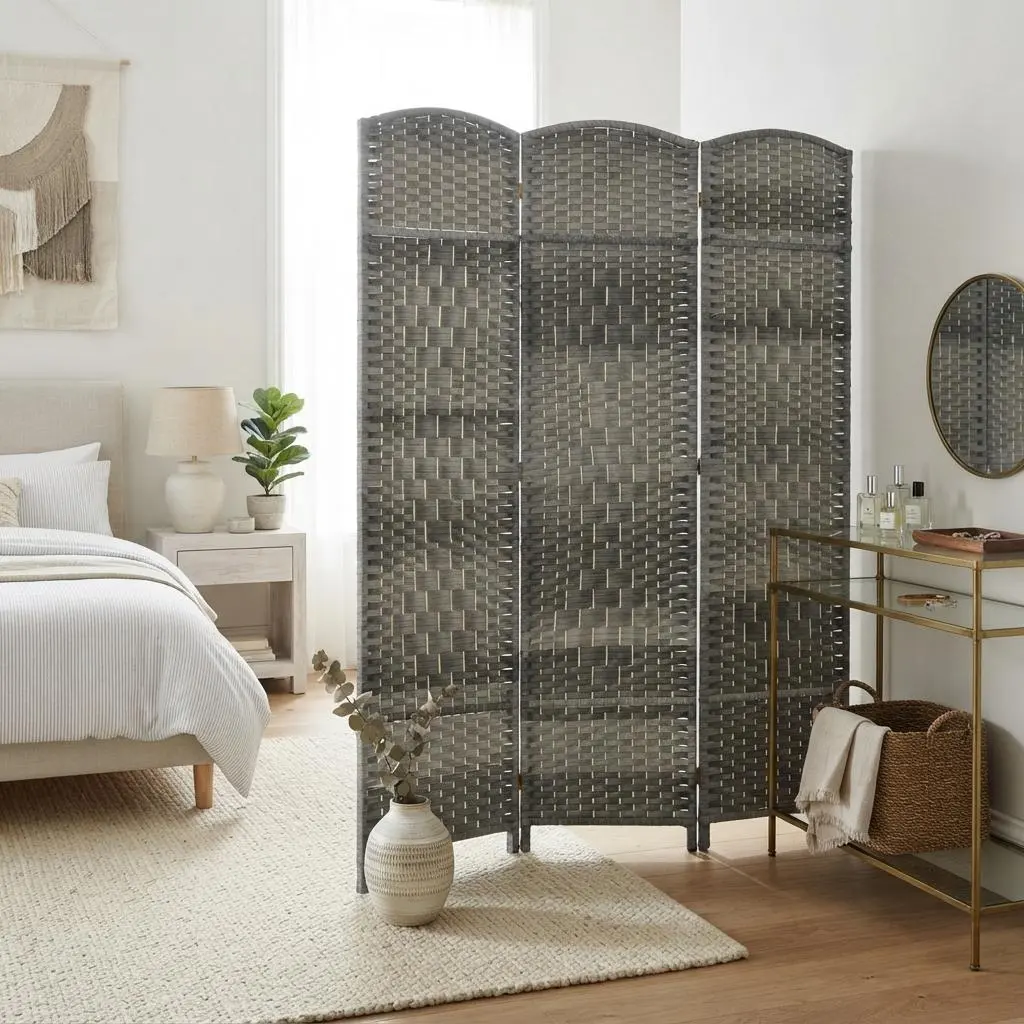 Folding Room Divider 3 Panel, 6 ft Tall Freestanding Privacy Screen, Wood Partition Wall Divider for Home Office, Bedroom, Living Room, Apartment, Portable Folding Screen, Room Separator, Mixed Gray