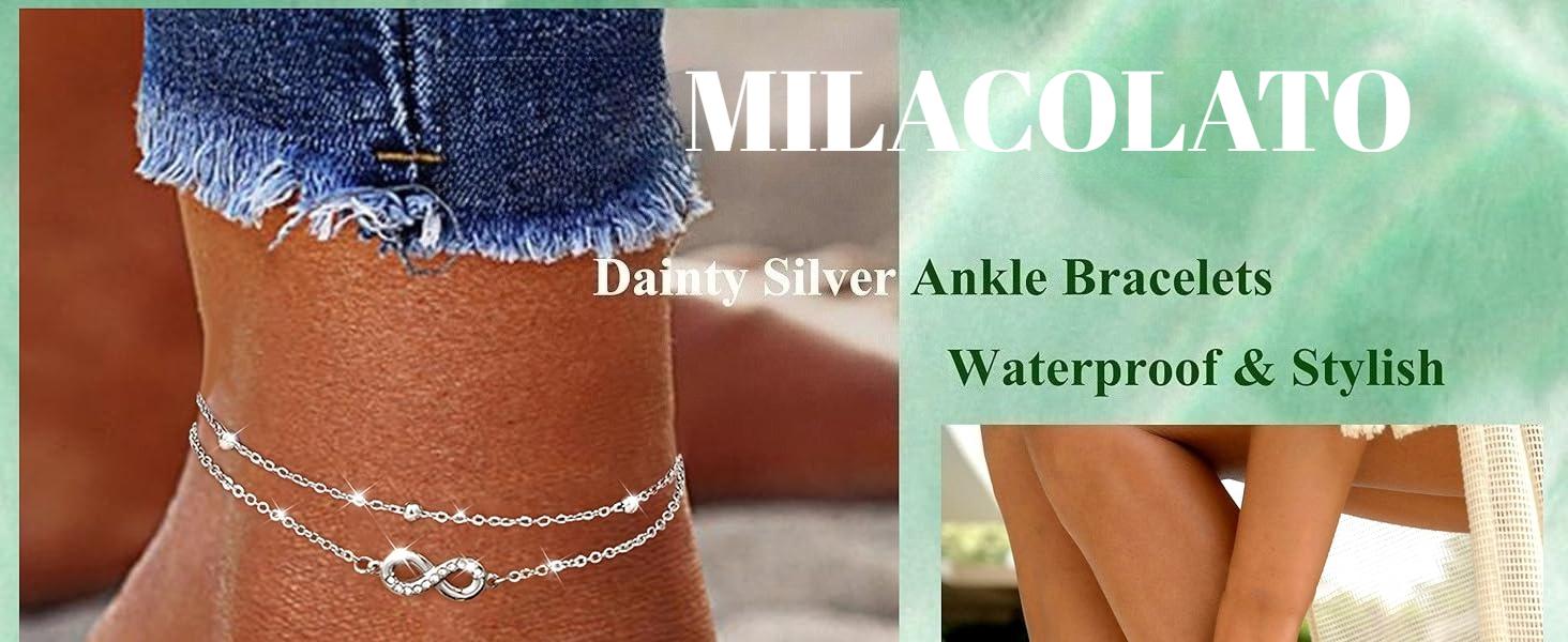 MILACOLATO Stainless Steel Ankle Bracelet for Women Teens Cute Butterfly Sequin Infinity Cross Heart Evil Eye Pendant Layered Anklets Adjustable Foot Jewelry
