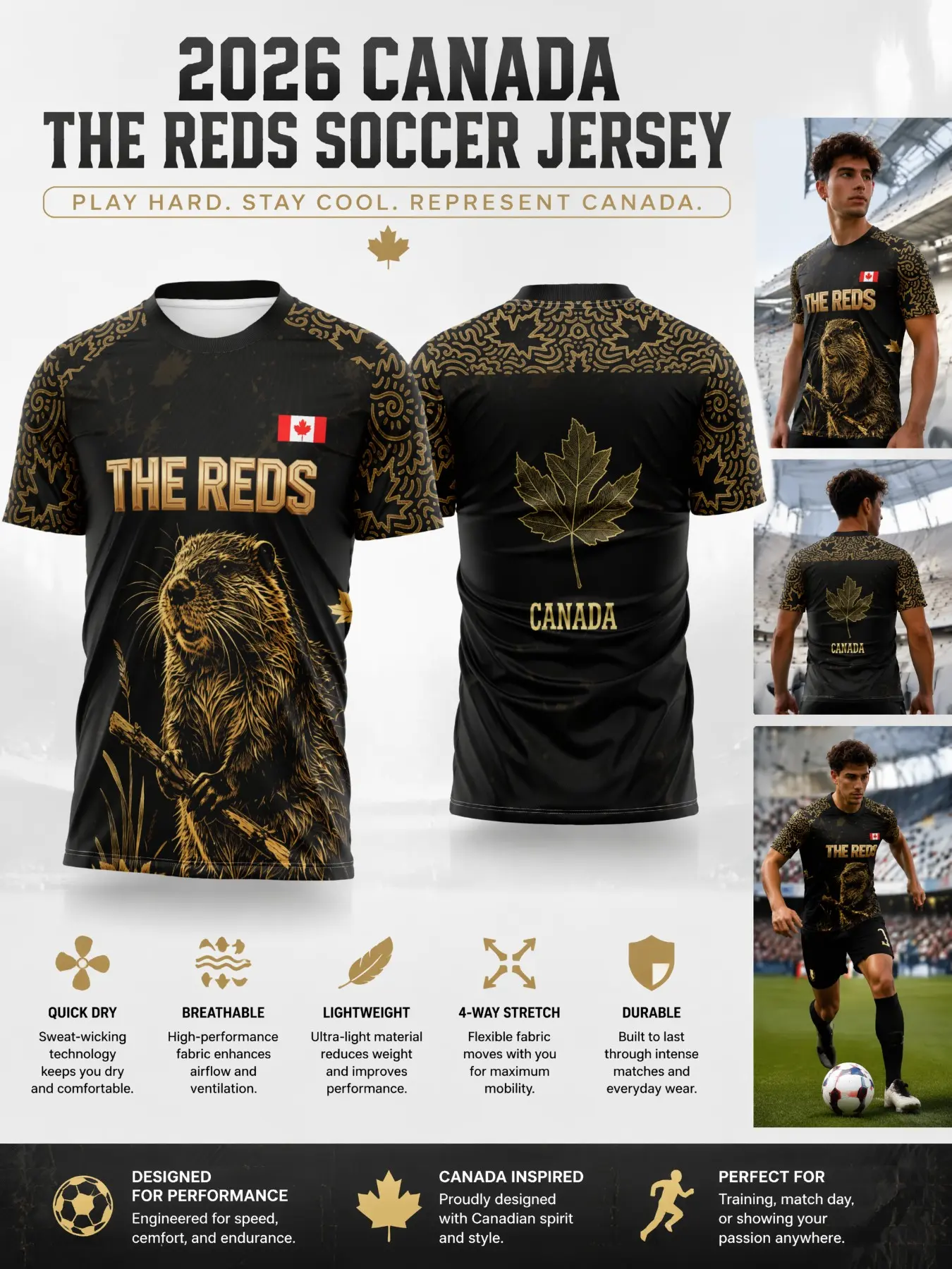 2026 Canada Sports Jersey, Quick-Dry Breathable Four-Way Stretch Mesh, Slim Fit, Beaver & Maple Leaf Print, Short Sleeve T-Shirt for Soccer Fans