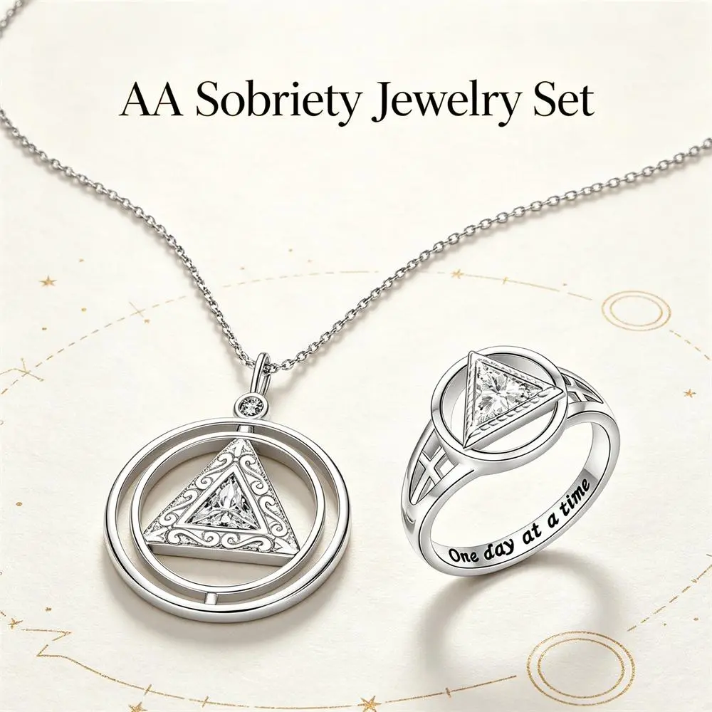 AA Sobriety Jewelry Set for Women Zinc Alloy Rotatable Spinner Necklace Triangle CZ Cross Finger Ring Inner Engraved One Day At A Time Alcoholics Anonymous Anti Stress Fidget Addiction Recovery Sober Milestone Inspirational Gift for Her Jewelry