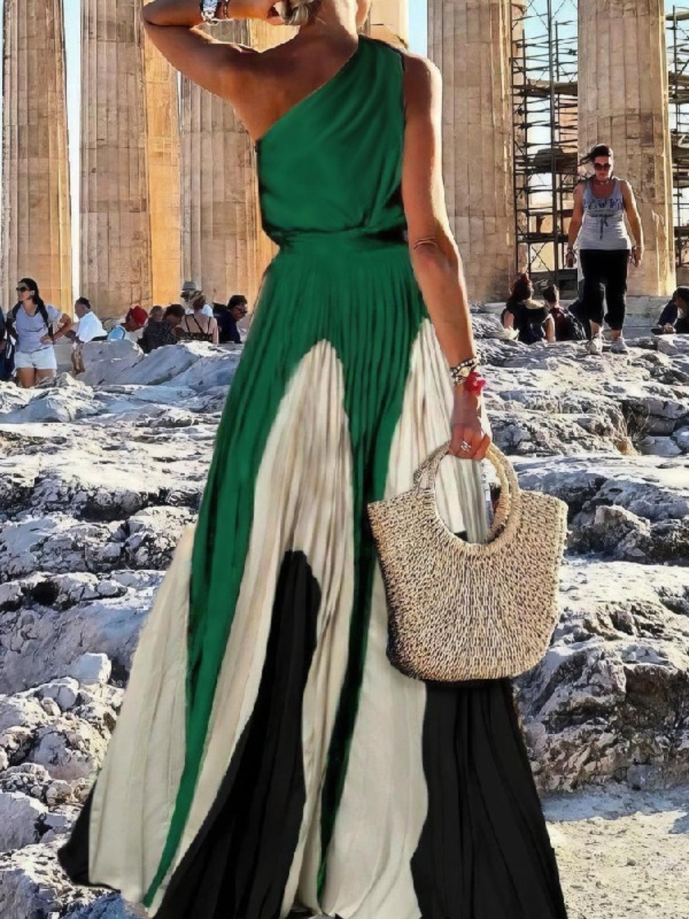Women's Colorblock  One Shoulder Dress, Elegant  Long Dress for Party Holiday Wedding Guest, Ladies Clothes for All Seasons