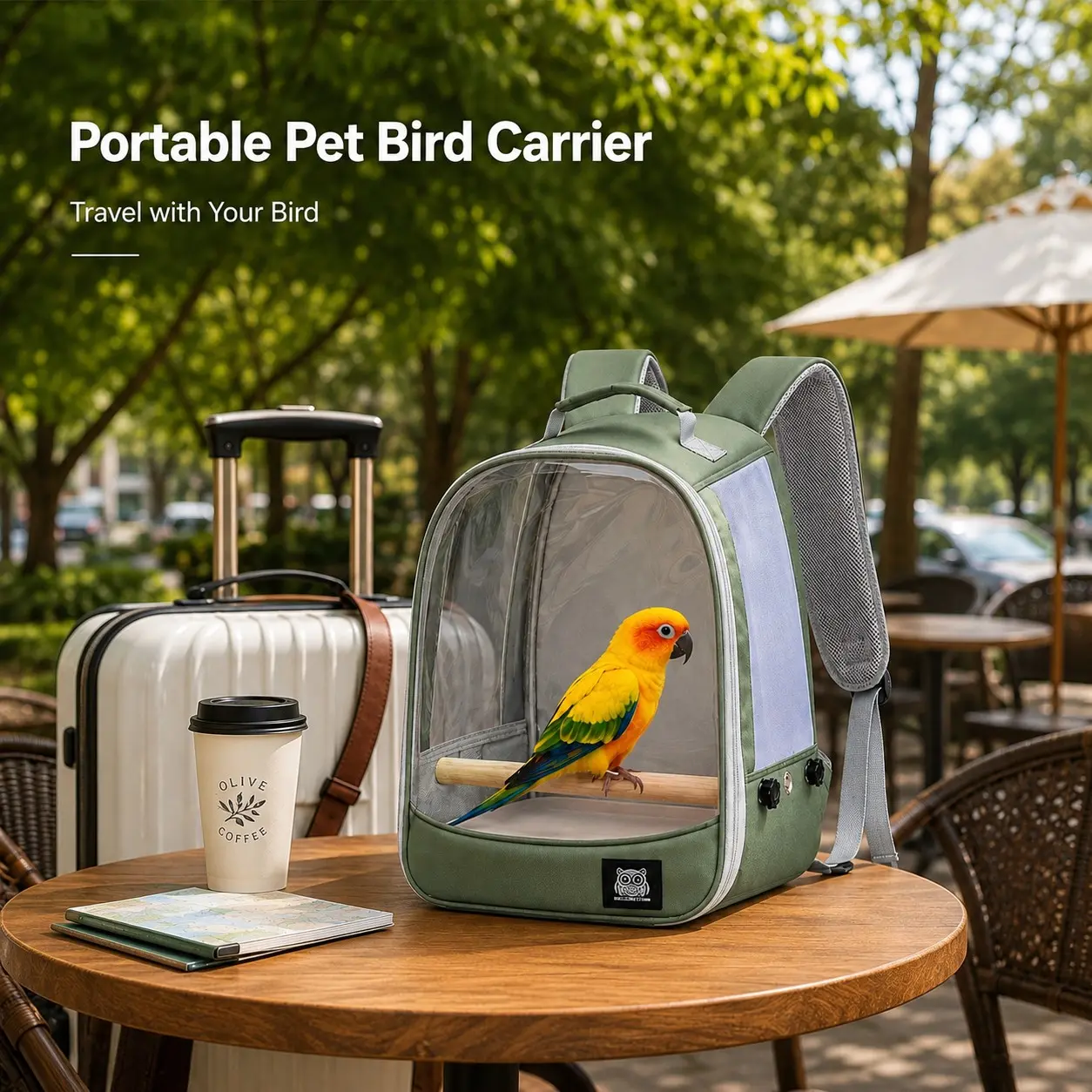 Parrot Bird Backpack, Portable Bird Travel Bag, Transparent Window, Breathable Mesh, 2 Perch Sticks, Dual Food Cups, Detachable Tray, Adjustable Straps
