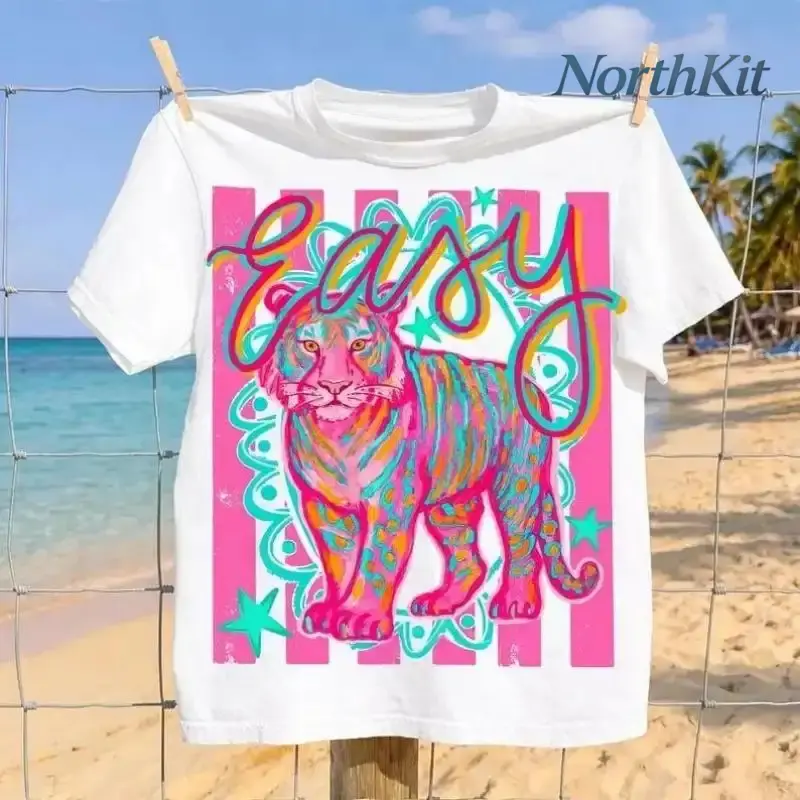 Preppy Easy Tiger Tee, Funny Sarcastic T-shirt, Snarky Colorful Shirt Doodle Tee, Trending Stripes Tshirt, Girly Boutique Tee