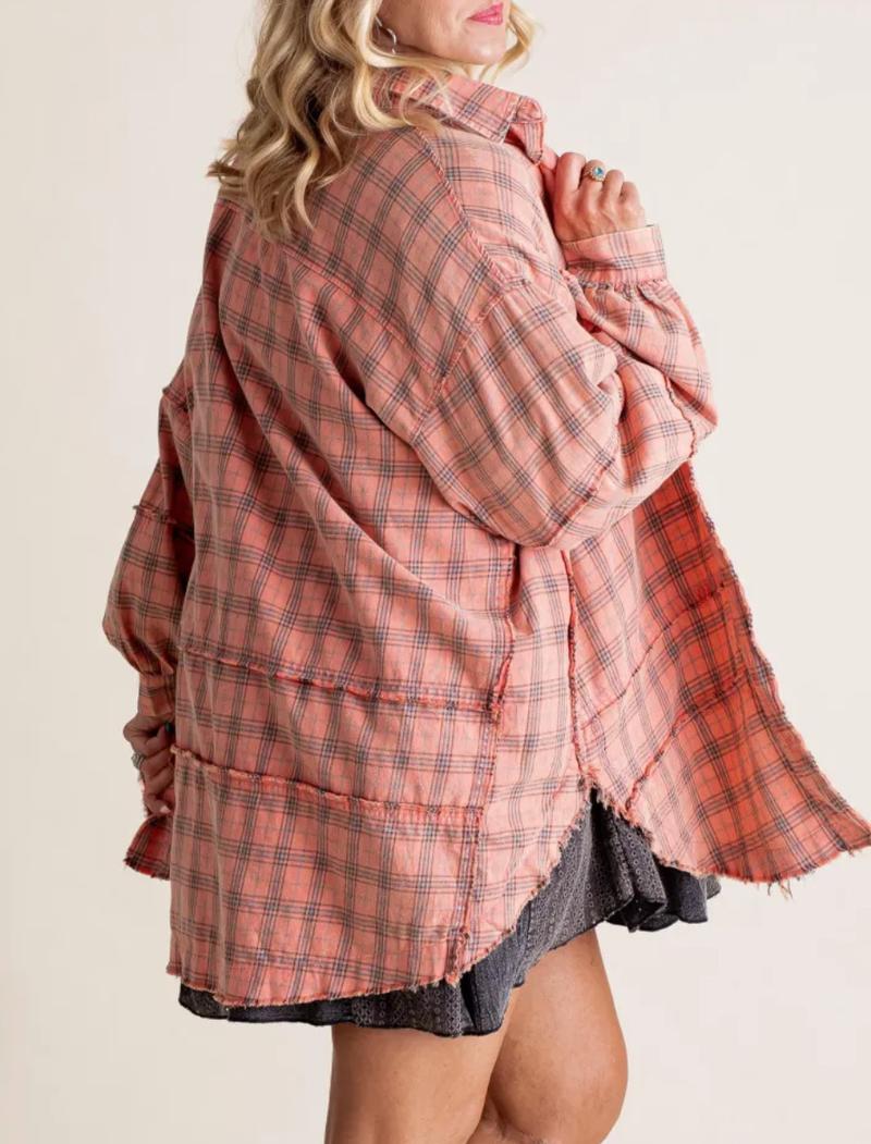 Women's Autumn and Winter New Frayed Lantern Sleeve Loose Button Plaid Shirt Top Womenswear